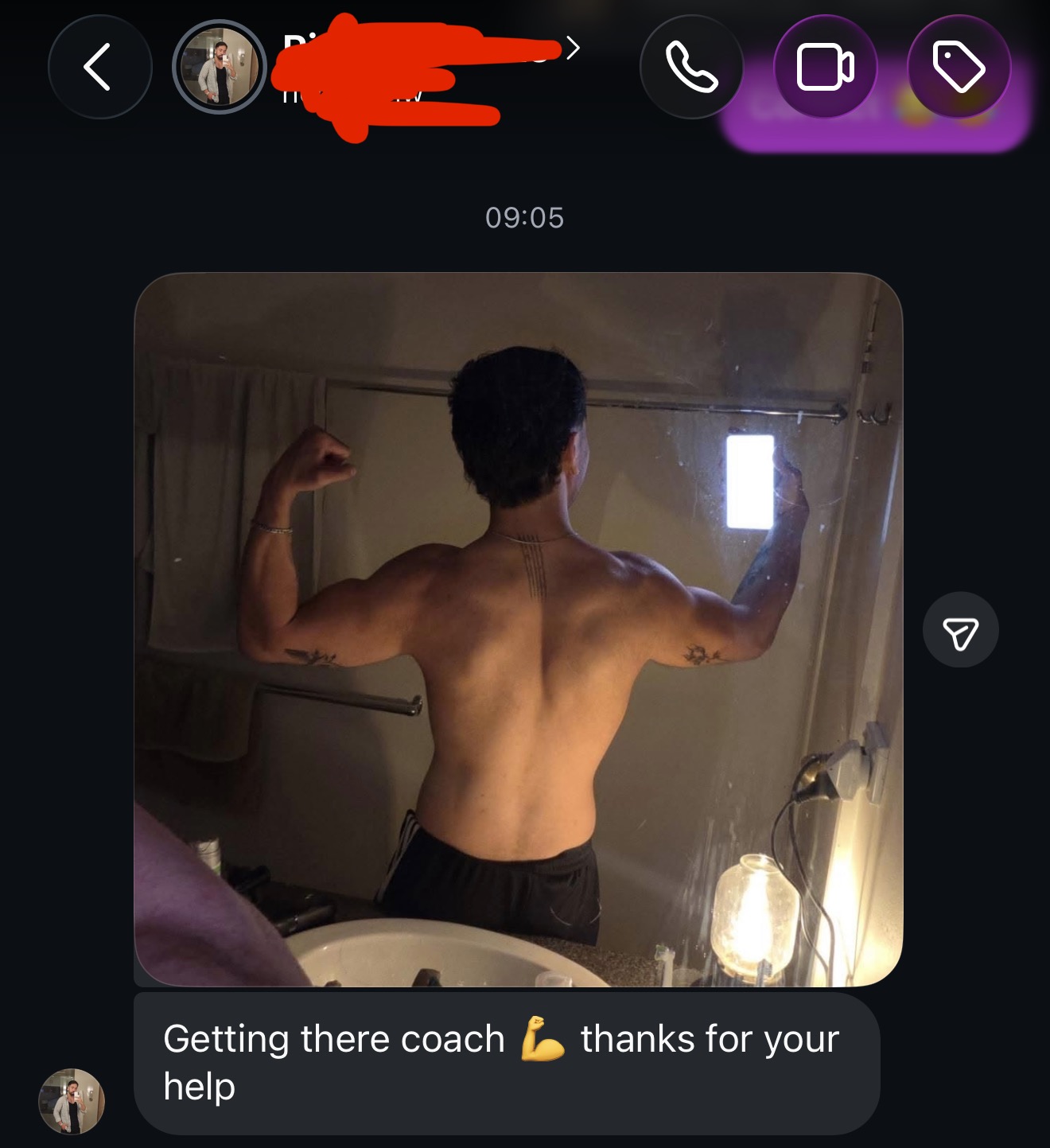 Client back progress photo with message saying thanks coach